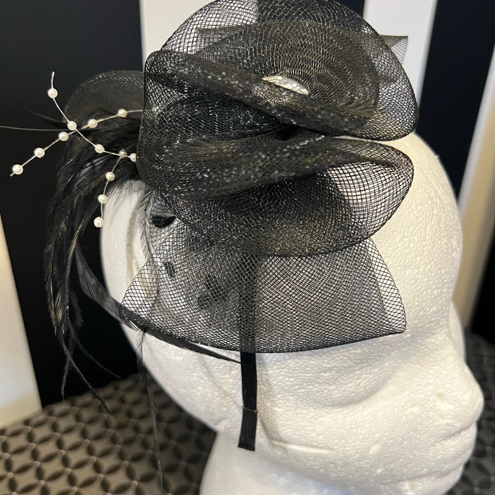 Black Mesh Tulle Fascinator Headband with Rhinestone, Pearl and Feather Accents